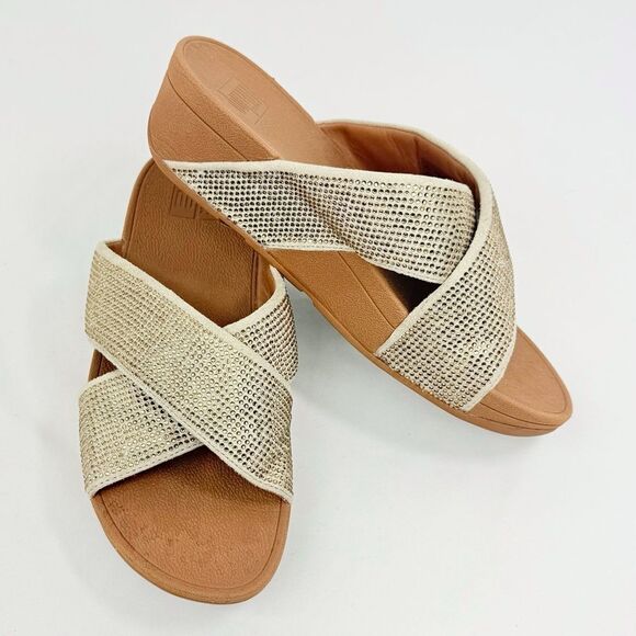 FitFlop RITZY Gold Metallic Sparkle Crisscross Orthotic Slide Sandals - Picture 10 of 16